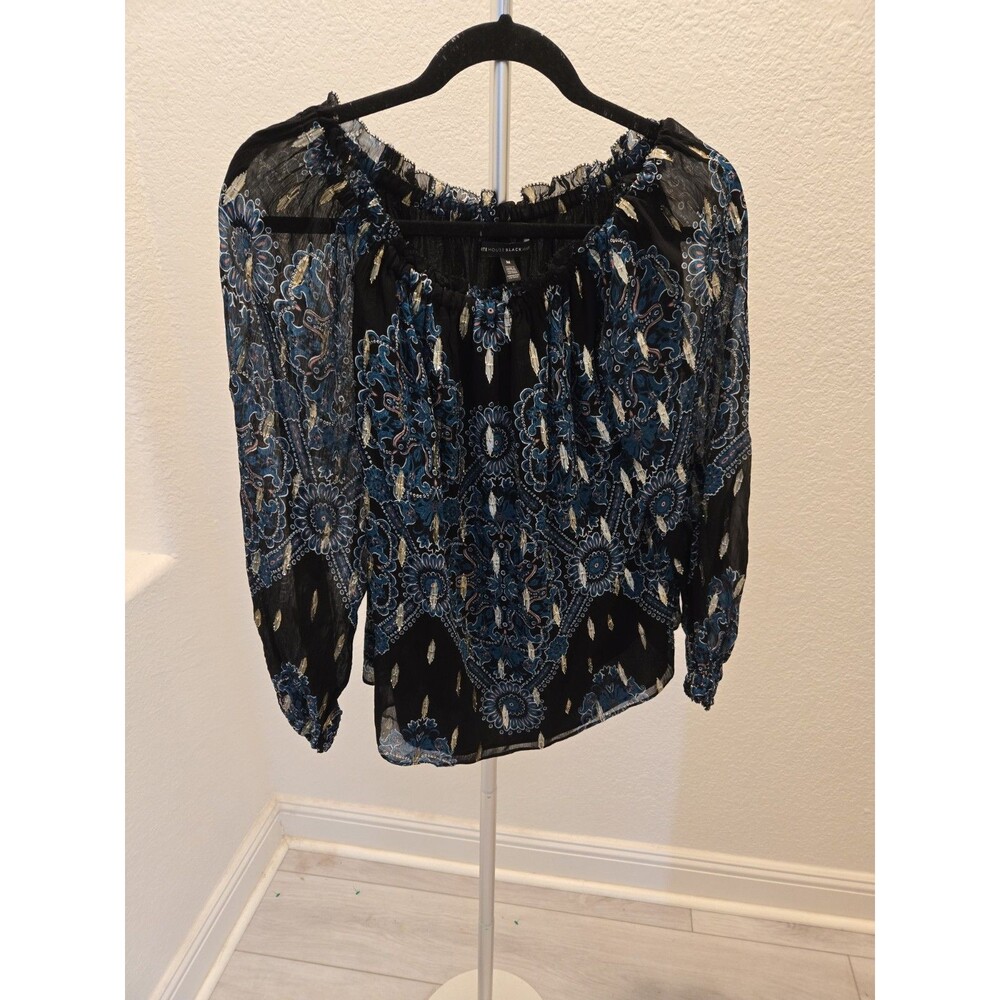 White House Black Market Womens M Blouse Royal Blue Paisley Metallic Boho